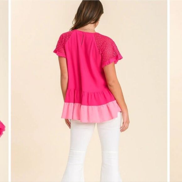 UMGEE Pink Tiered Babydoll Tunic Top with Crochet Sleeves - Picture 4 of 15